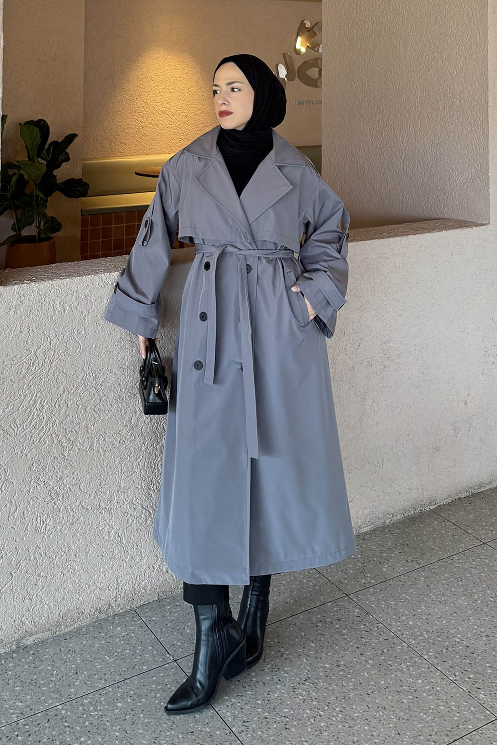 Lamelif Bağlama Detaylı Uzun Trençkot Gri