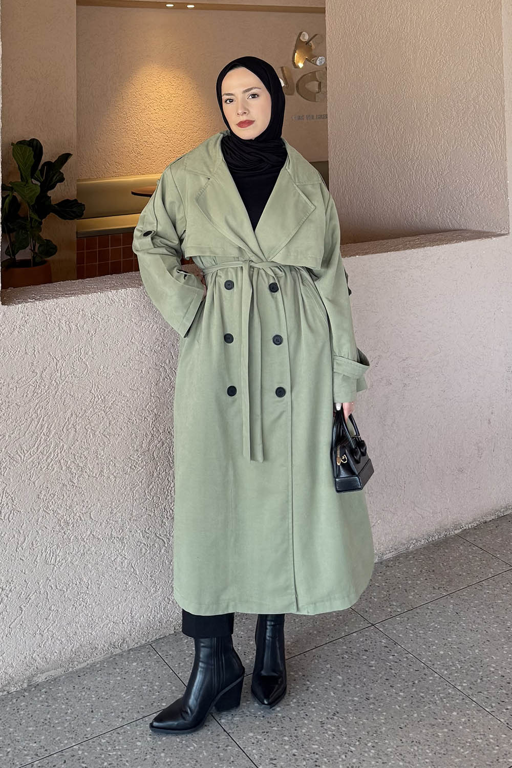 Lamelif Bağlama Detaylı Uzun Trençkot Haki