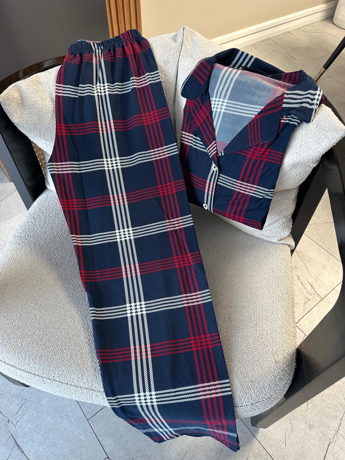 Lamelif Bambu Likralı Ekose Desenli Pijama Takım