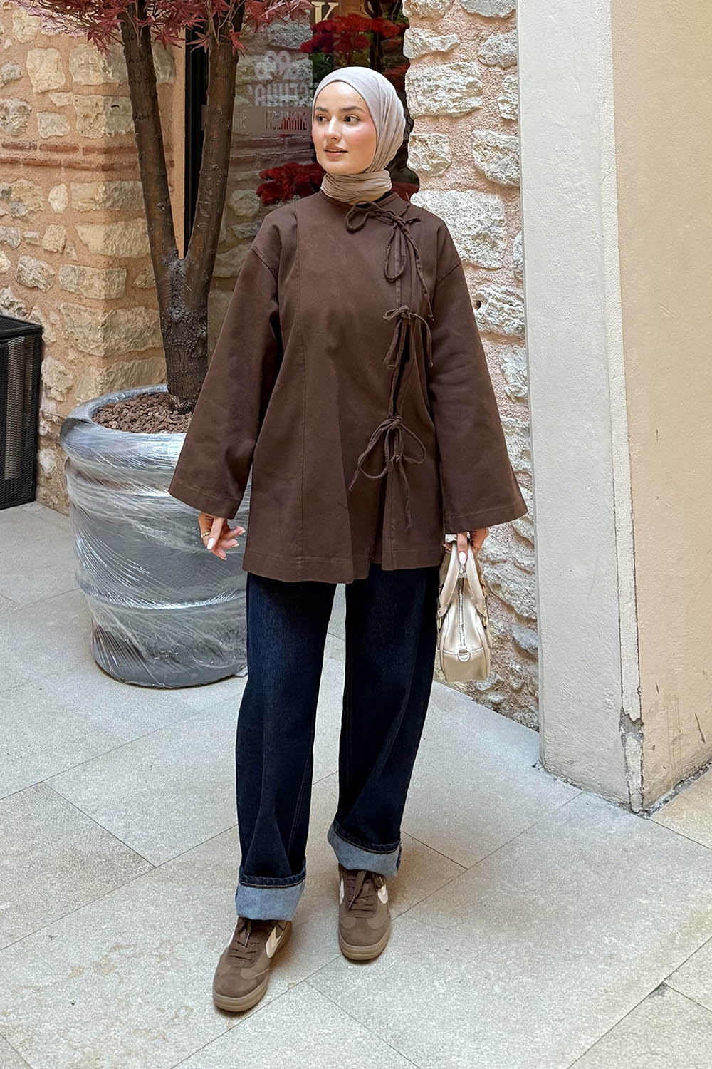 Lamelif Bağlama Detaylı Kimono Kahve