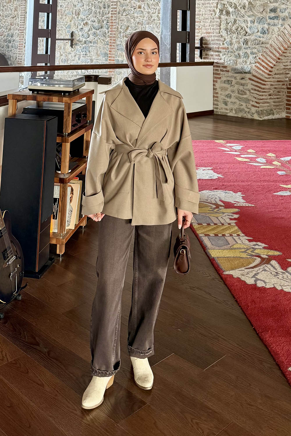 Lamelif Dökümlü Kemerli Trençkot Haki