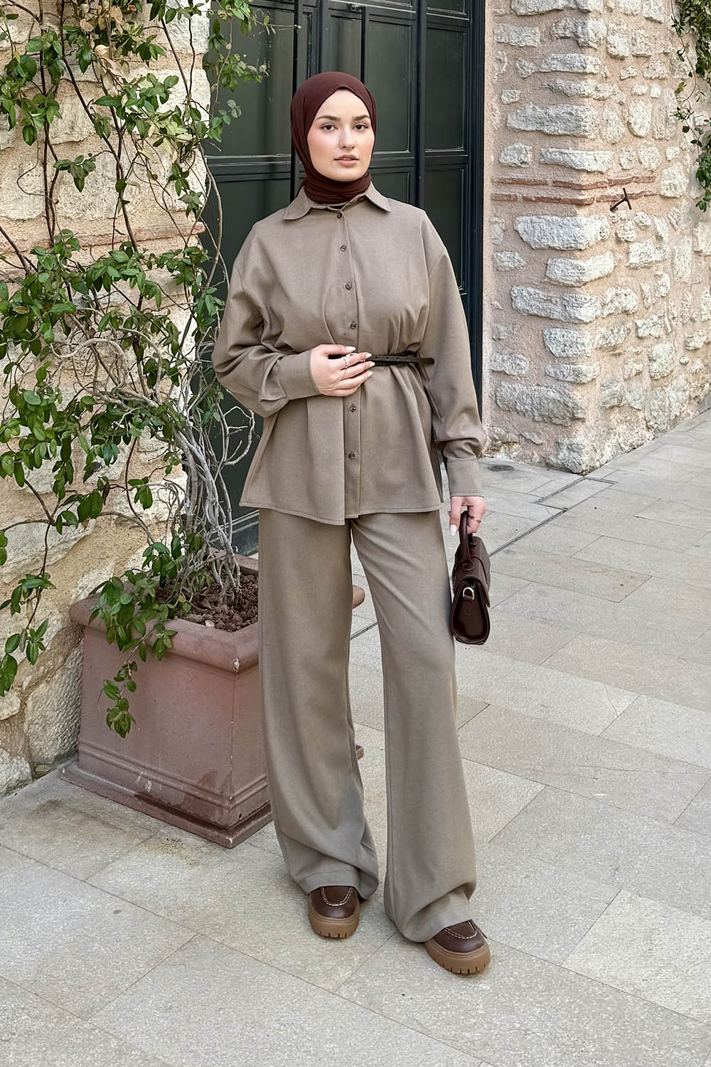 Lamelif Kemerli Pantolonlu Takım Haki