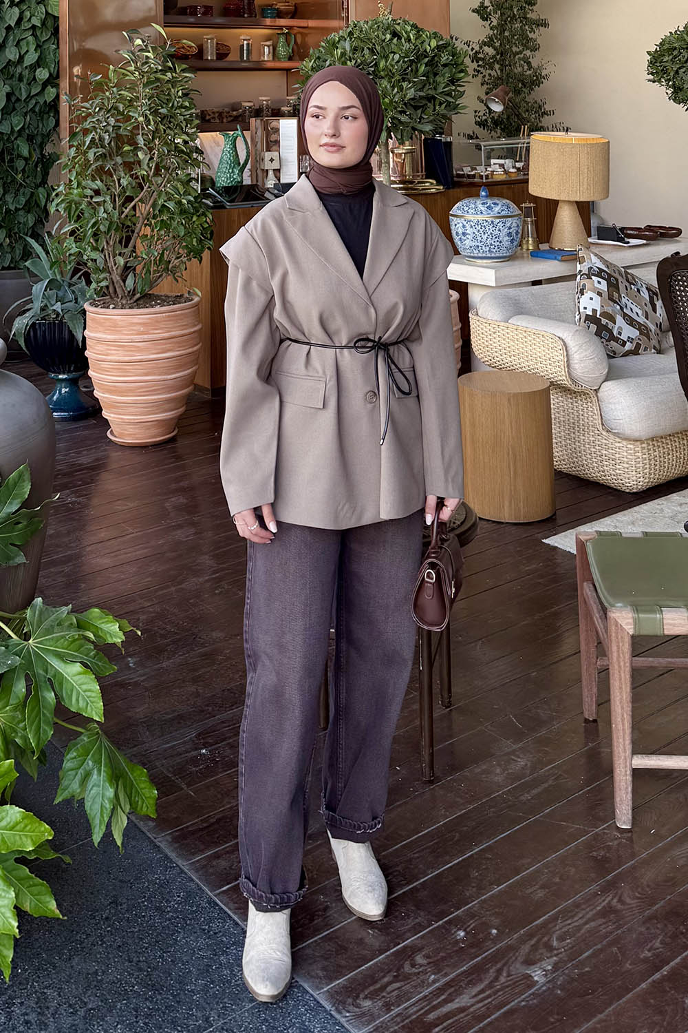 Lamelif Kol Detaylı Oversize Ceket Toprak