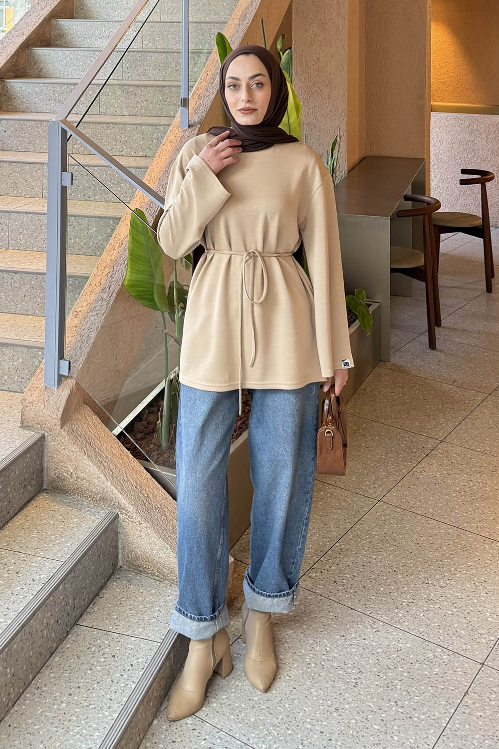 Lamelif Bağlama Detaylı Oysho Sweat Sütlü Kahve