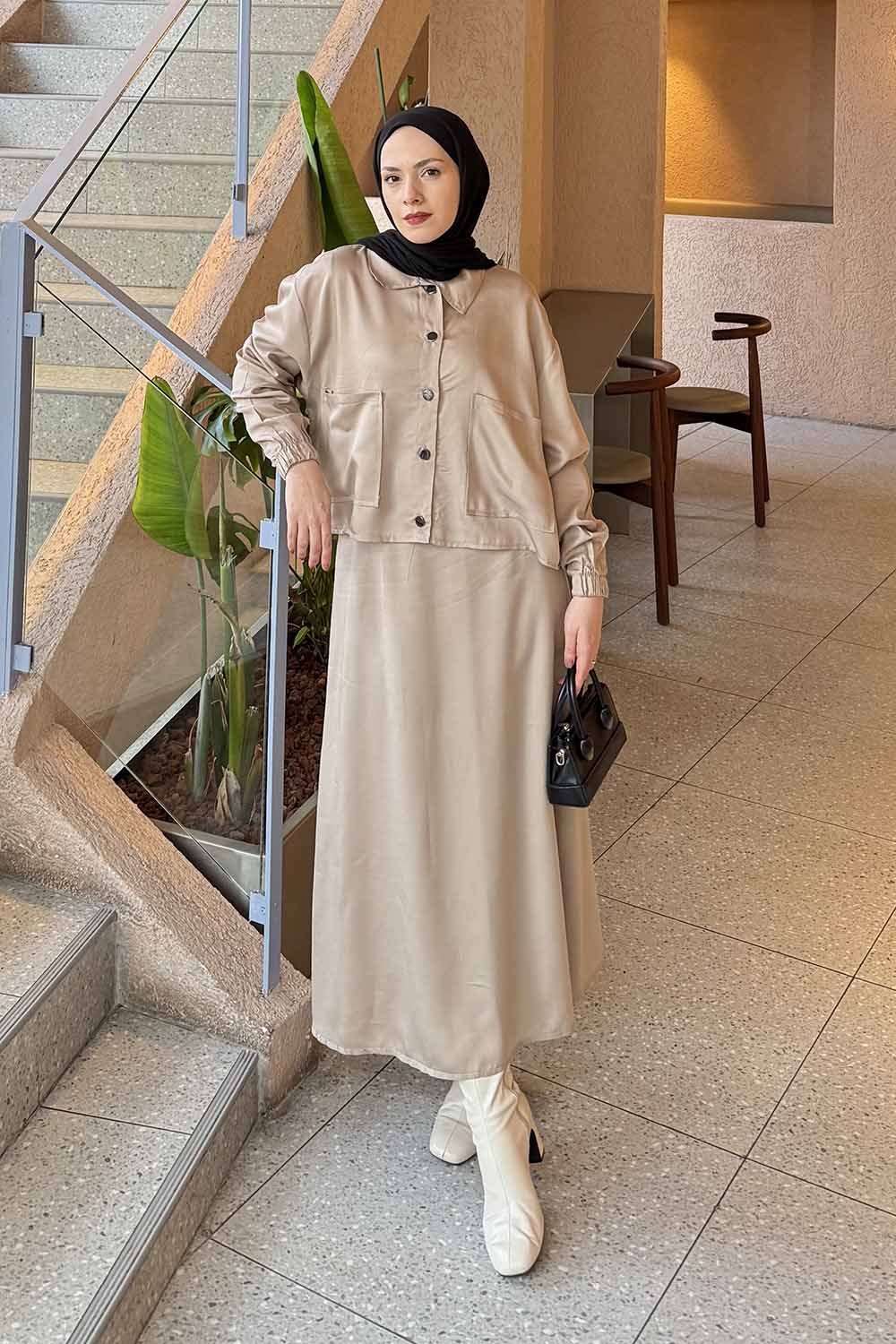 Lamelif Cep Detaylı İkili Etek Tesettür Takım Kum Beji