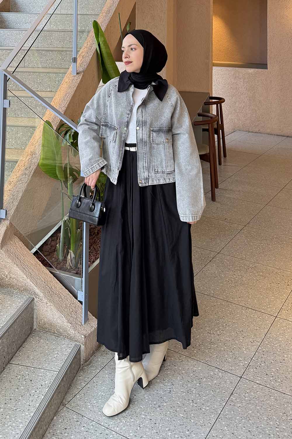 Lamelif Çıtçıtlı Siyah Gömlek Yaka Detaylı Denim Ceket Gri