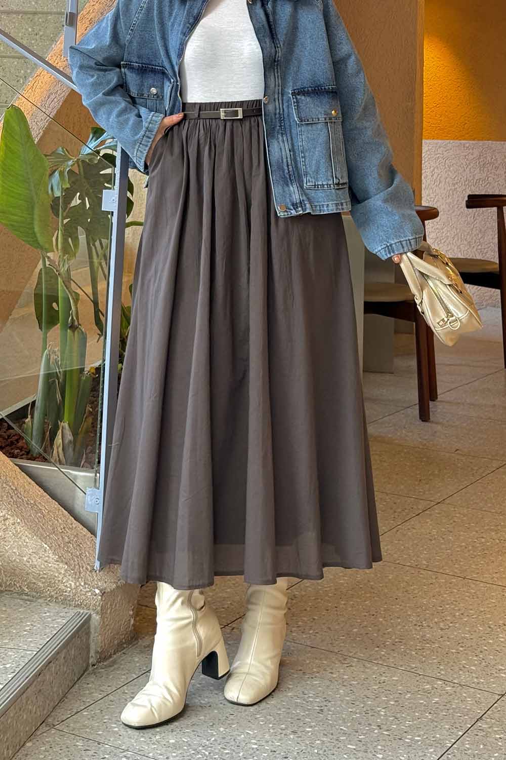 Lamelif Kemerli Cepli Tesettür Etek Koyu Kahverengi