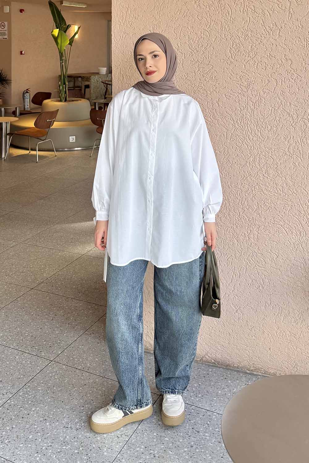 Lamelif Kol Detaylı Gömlek Beyaz