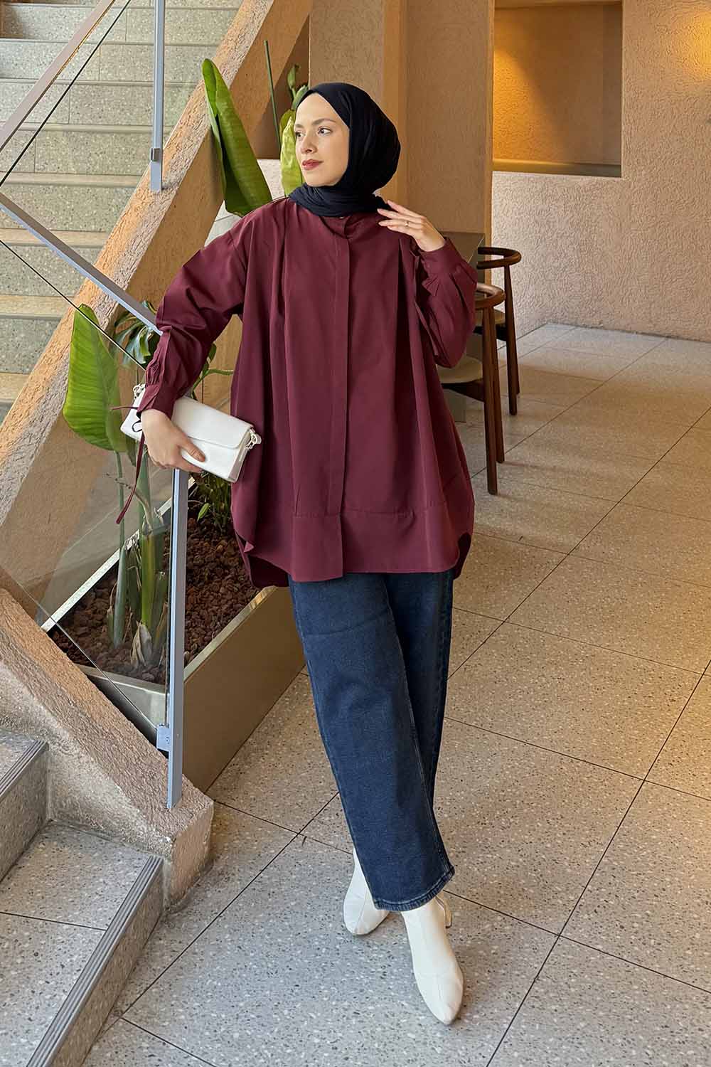 Lamelif Manşeti Biyeli Tunik Bordo