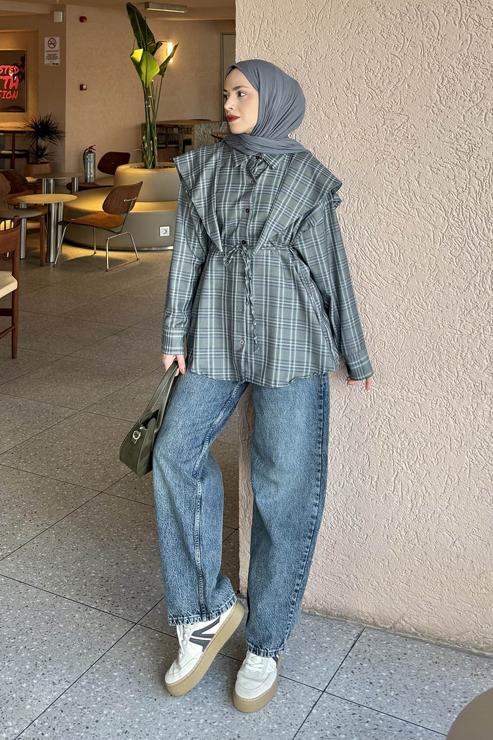 Lamelif Pelerin Yaka Ekose Desen Gömlek Haki