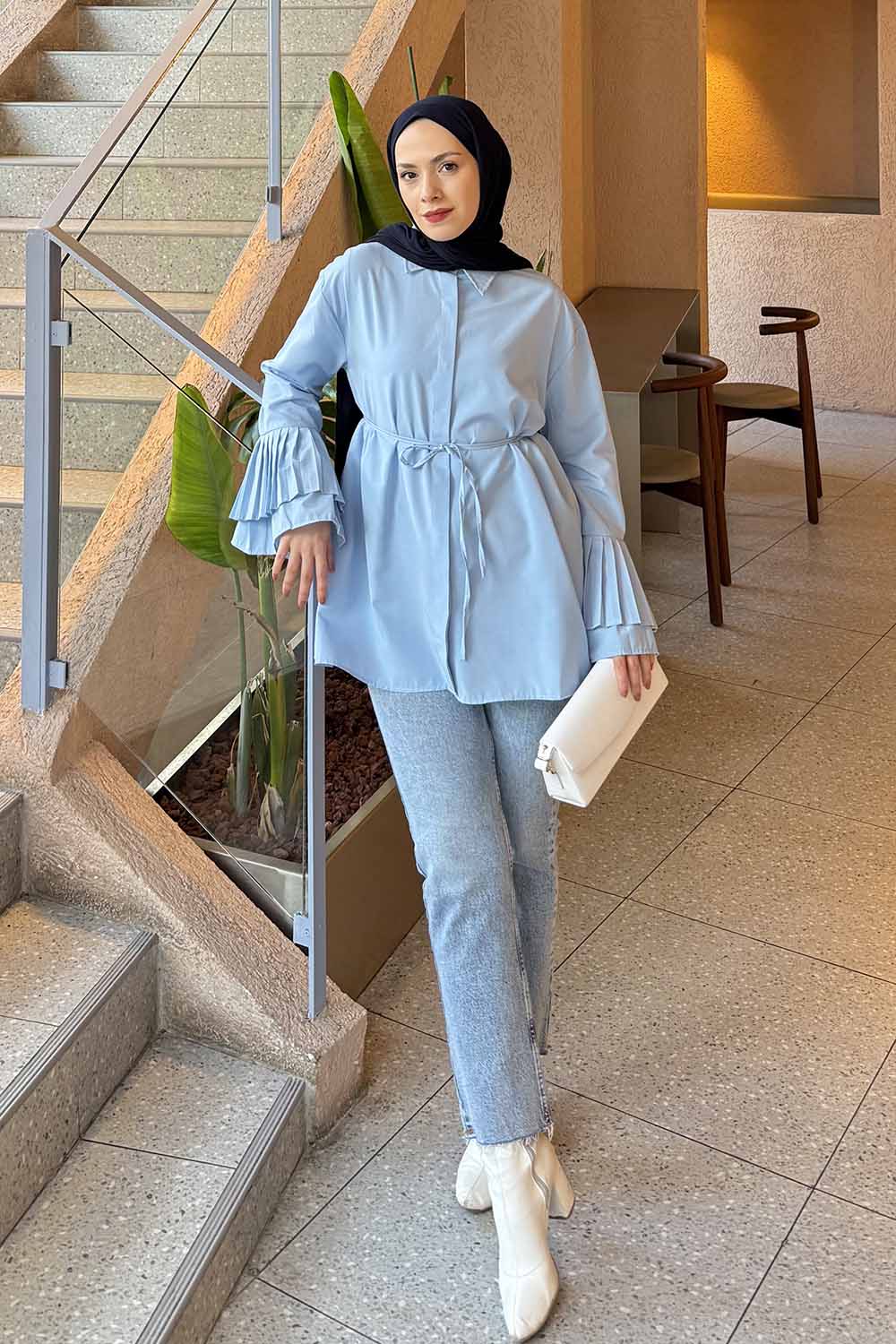 lamelif Piliseli Uzun Gömlek Mavi