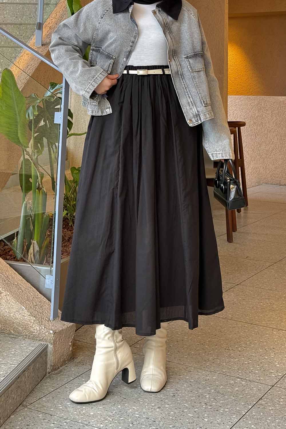 Lamelif Vual Kemerli Tesettür Etek Siyah