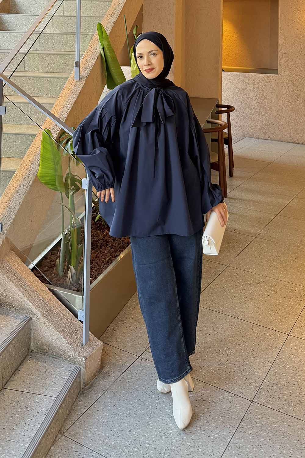 Lamelif Yaka Fular Detaylı Gömlek Koyu Lacivert