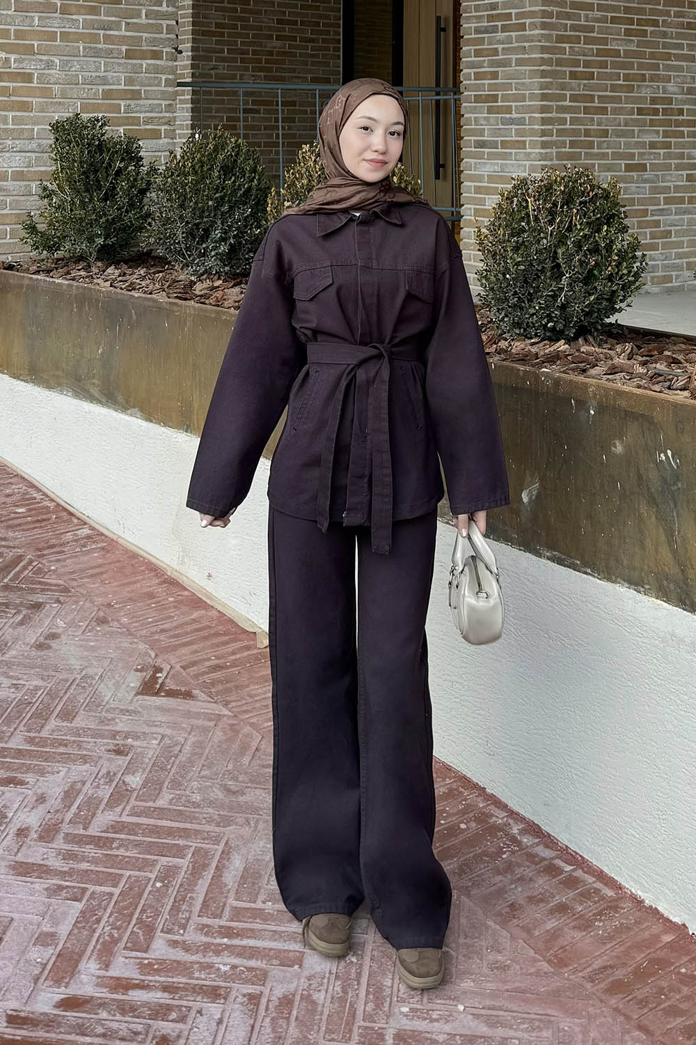 Lamelif Bağlama Detaylı Kot Takım Acı Kahve