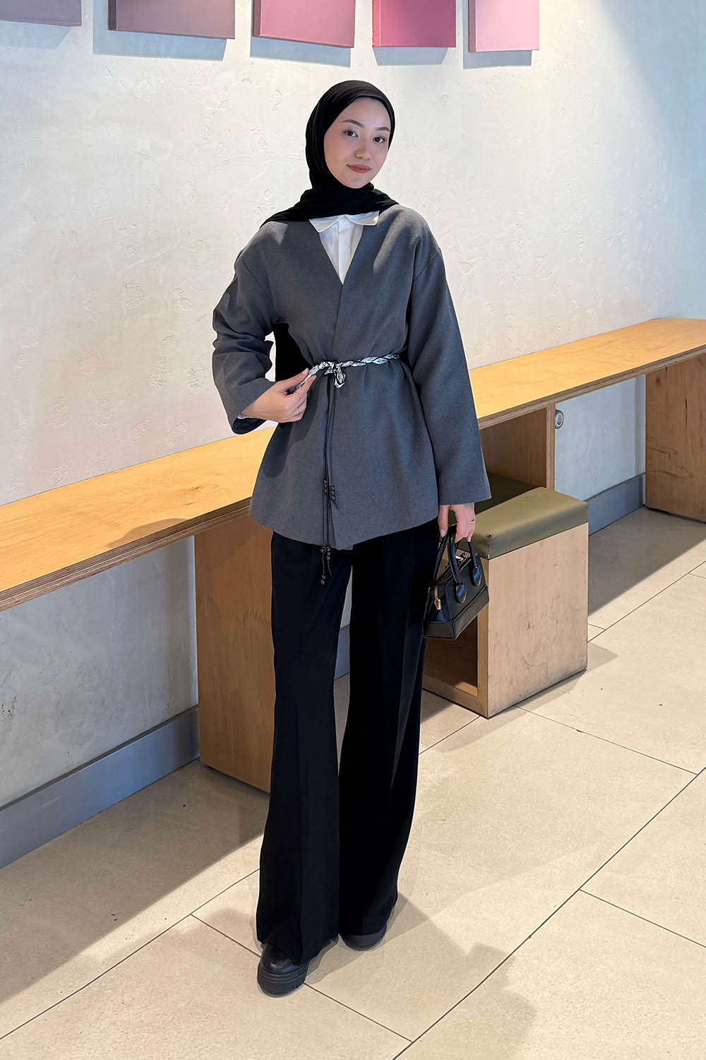 Lamelif Kemerli Tesettür Ceket Antrasit