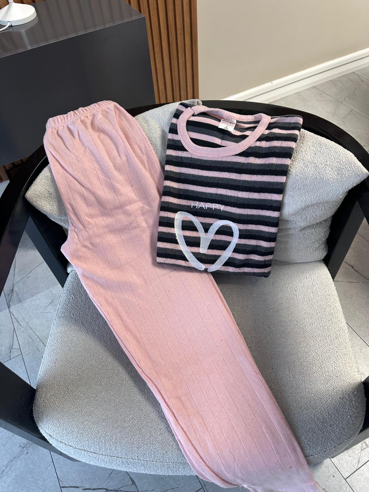 Lamelif Çizgili Raporlu İnterlok Happy Kalp Nakış Baskılı Penye Pijama Seti