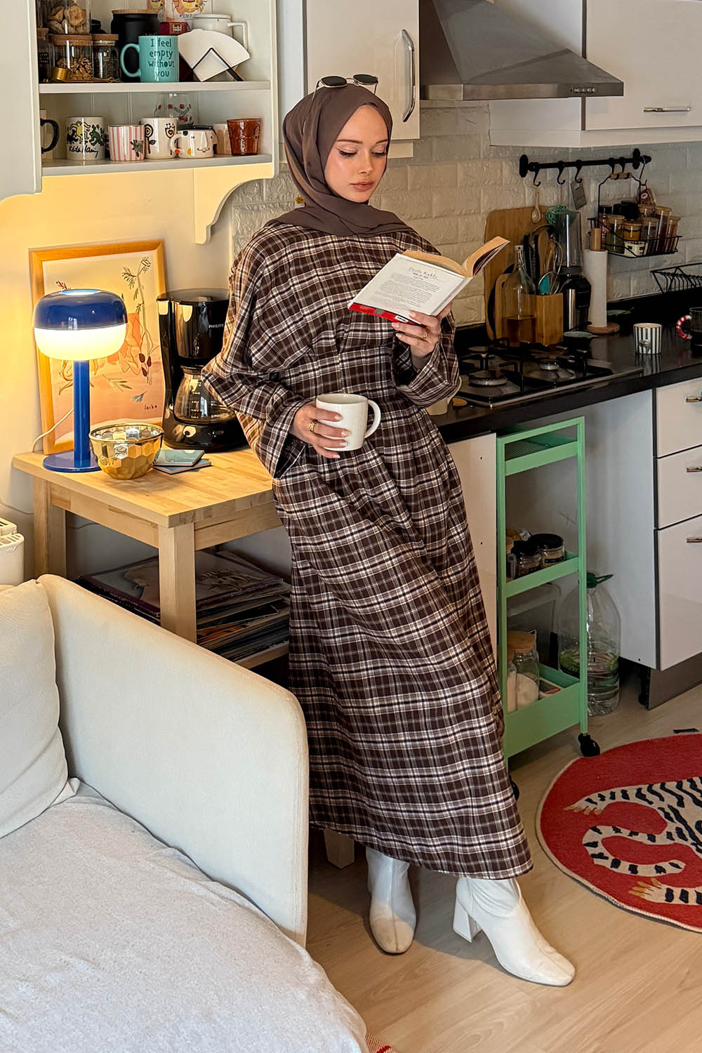 Lamelif Bağlama Detaylı Ekose Elbise Kahverengi