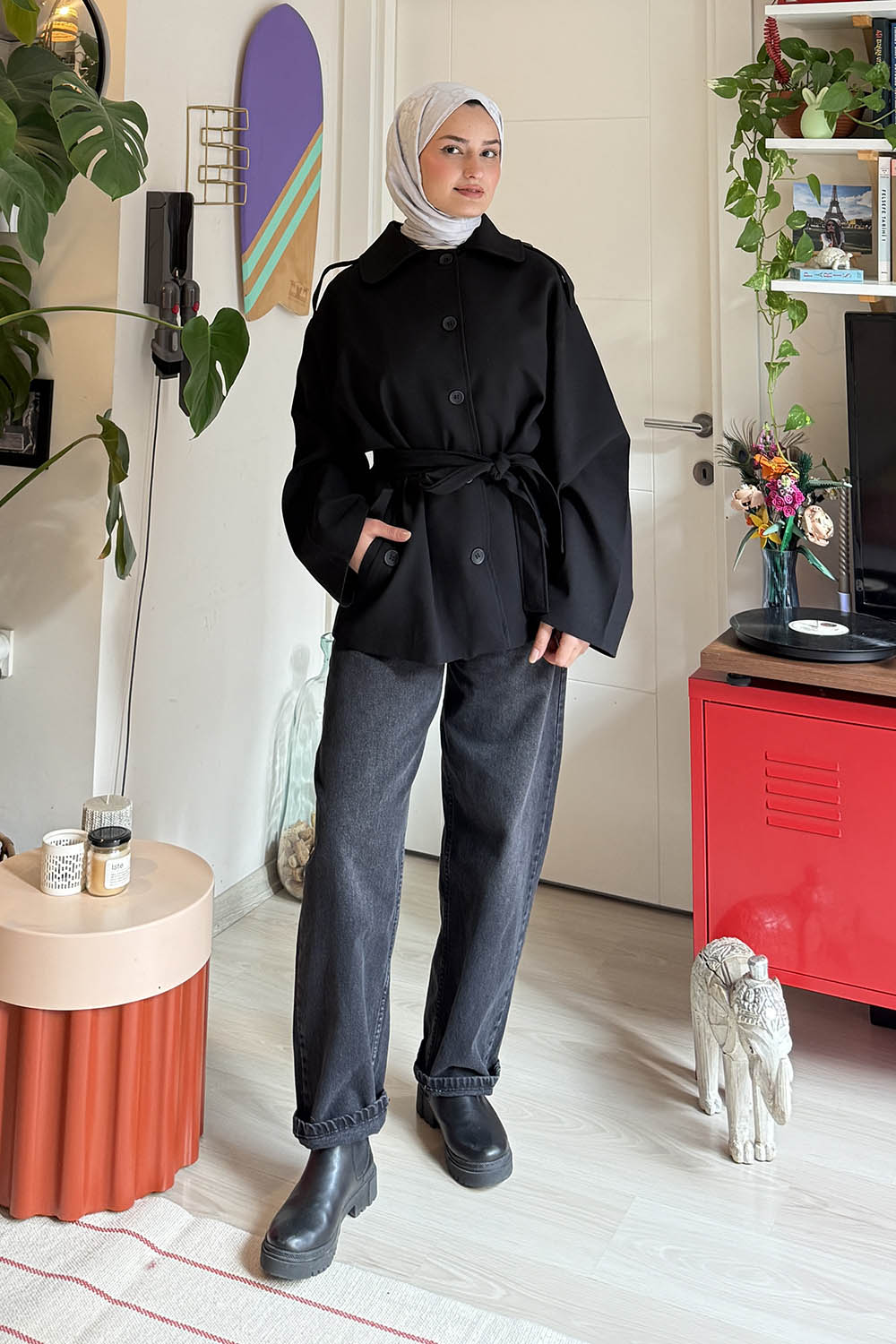 Lamelif Bağlama Detaylı Omuz Apoletli Trençkot Siyah