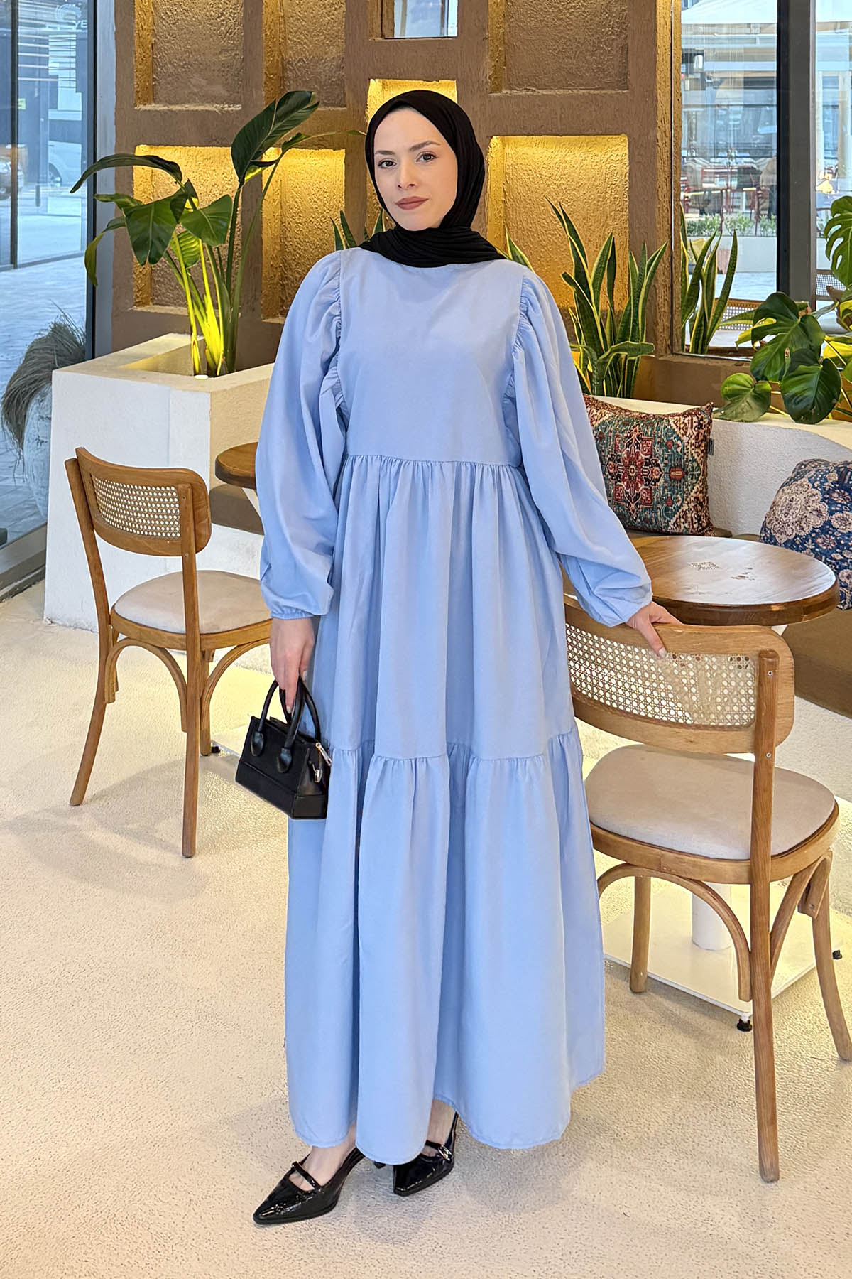 Lamelif Balon Kol Katlı Tesettür Elbise Bebe Mavisi