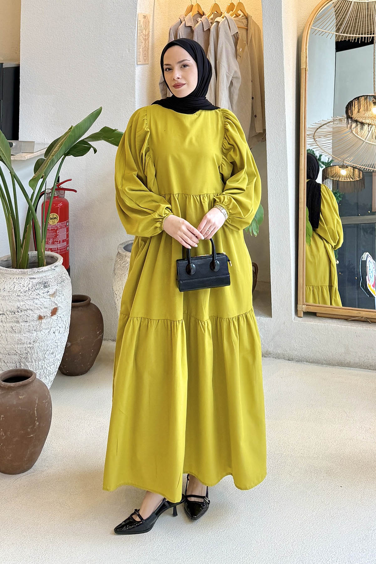 Lamelif Balon Kol Katlı Tesettür Elbise Yağ Yeşili