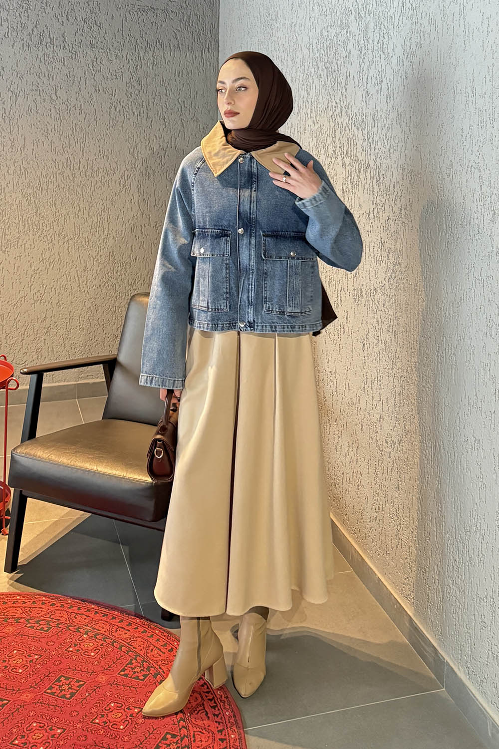 Lamelif Çıtçıtlı Vizonrengi Gömlek Yaka Detaylı Denim Ceket Kot Mavisi