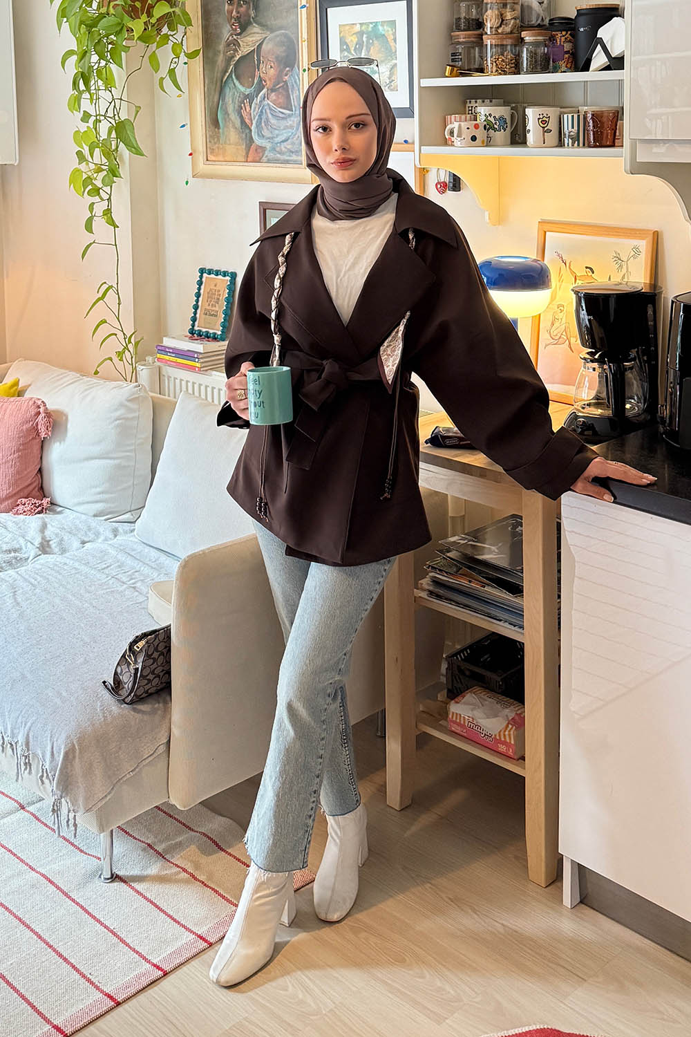 Lamelif Dökümlü Kemerli Trençkot Kahve