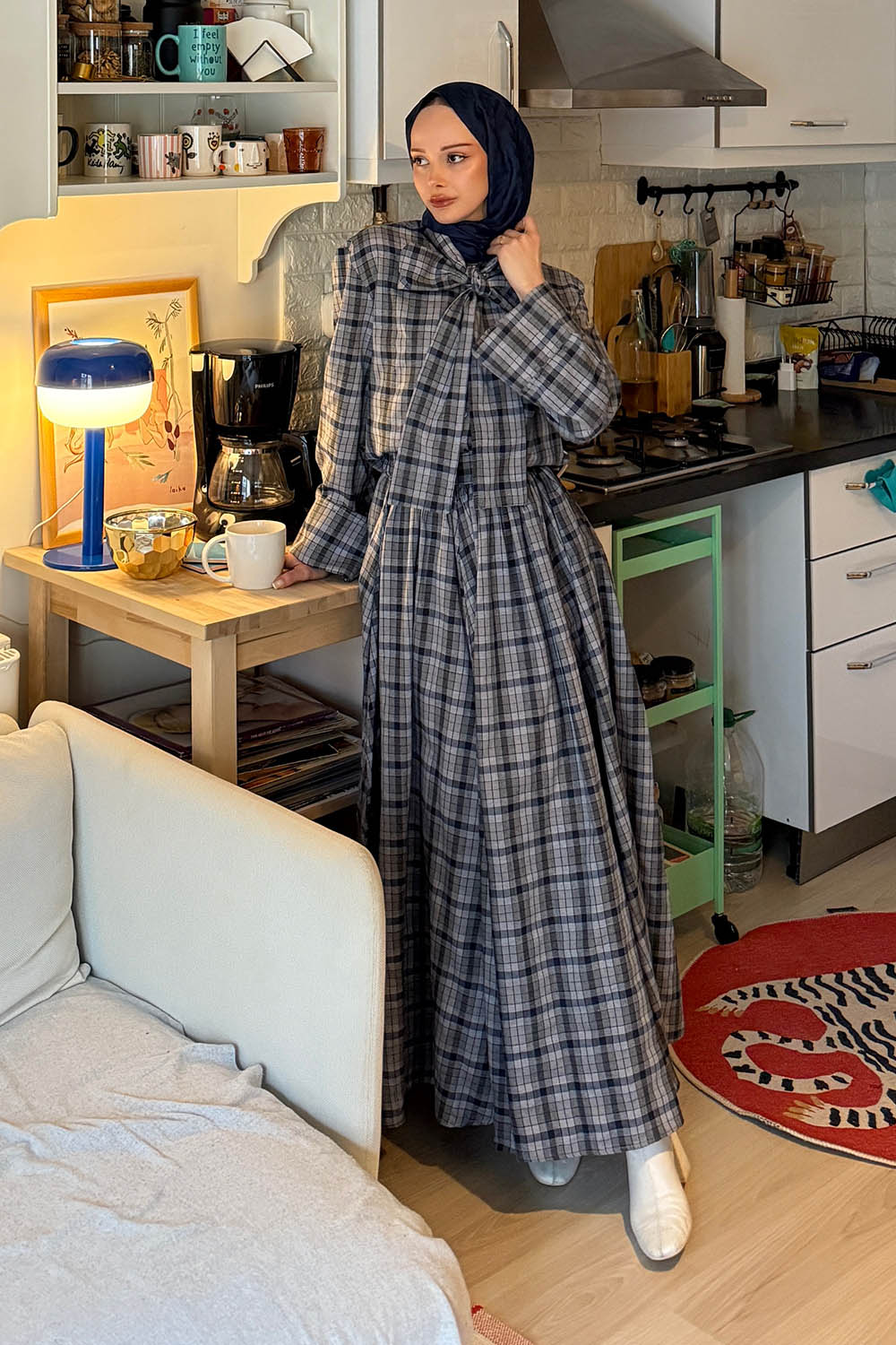 Lamelif Ekoseli Etekli Takım Gri