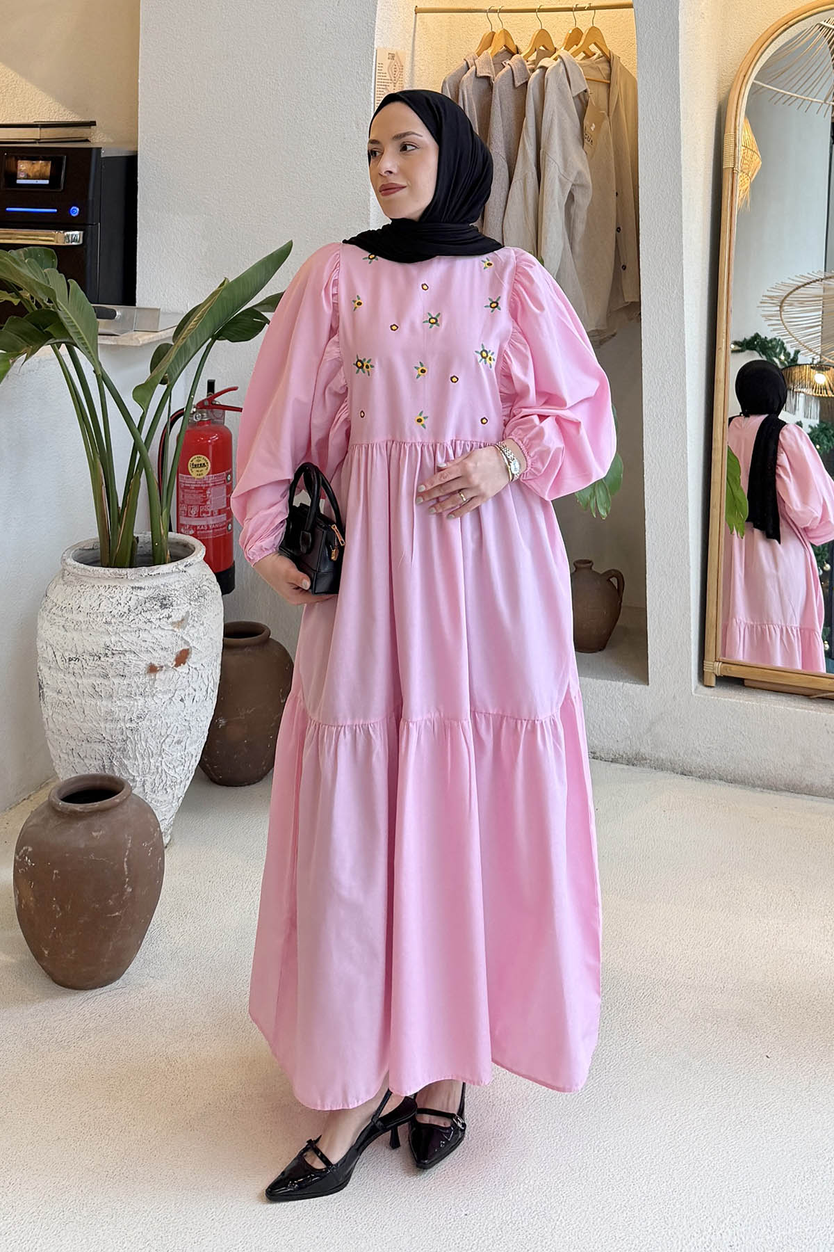 Candy Pink Crew Neck Cotton Printed Dresess