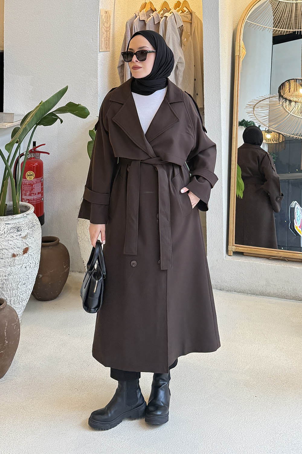 Lamelif Fleto Cep Omuz Apoletli Trençkot Acı Kahve