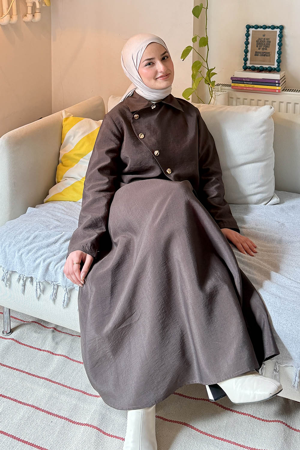 Lamelif Gold Düğme Detaylı Etekli Takım Acı Kahve