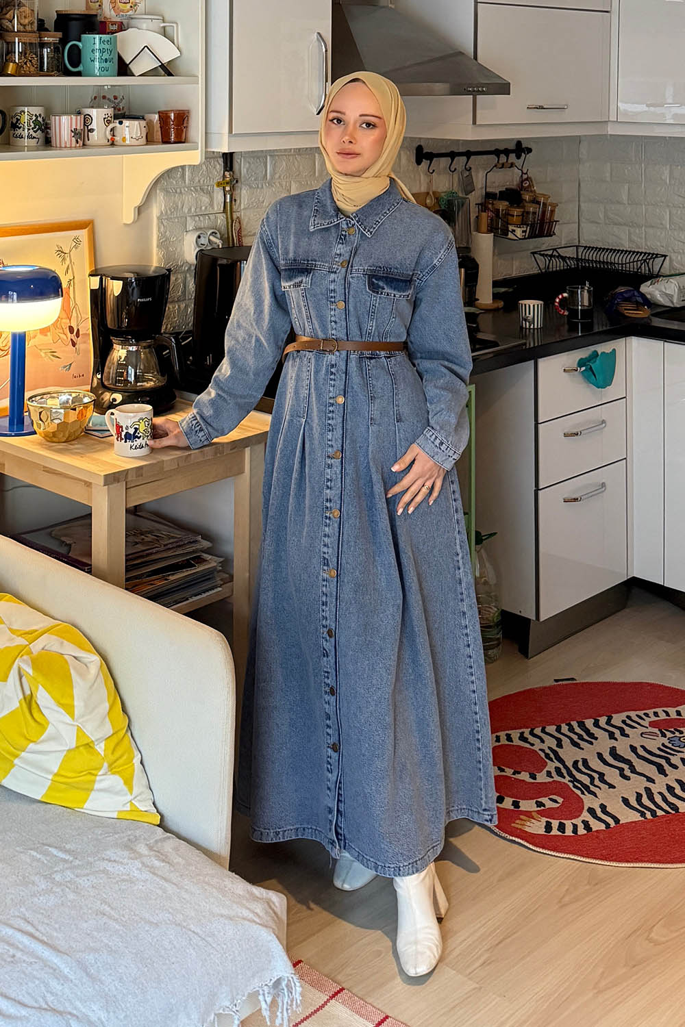 Lamelif Kemerli Kot Elbise Açık Mavi