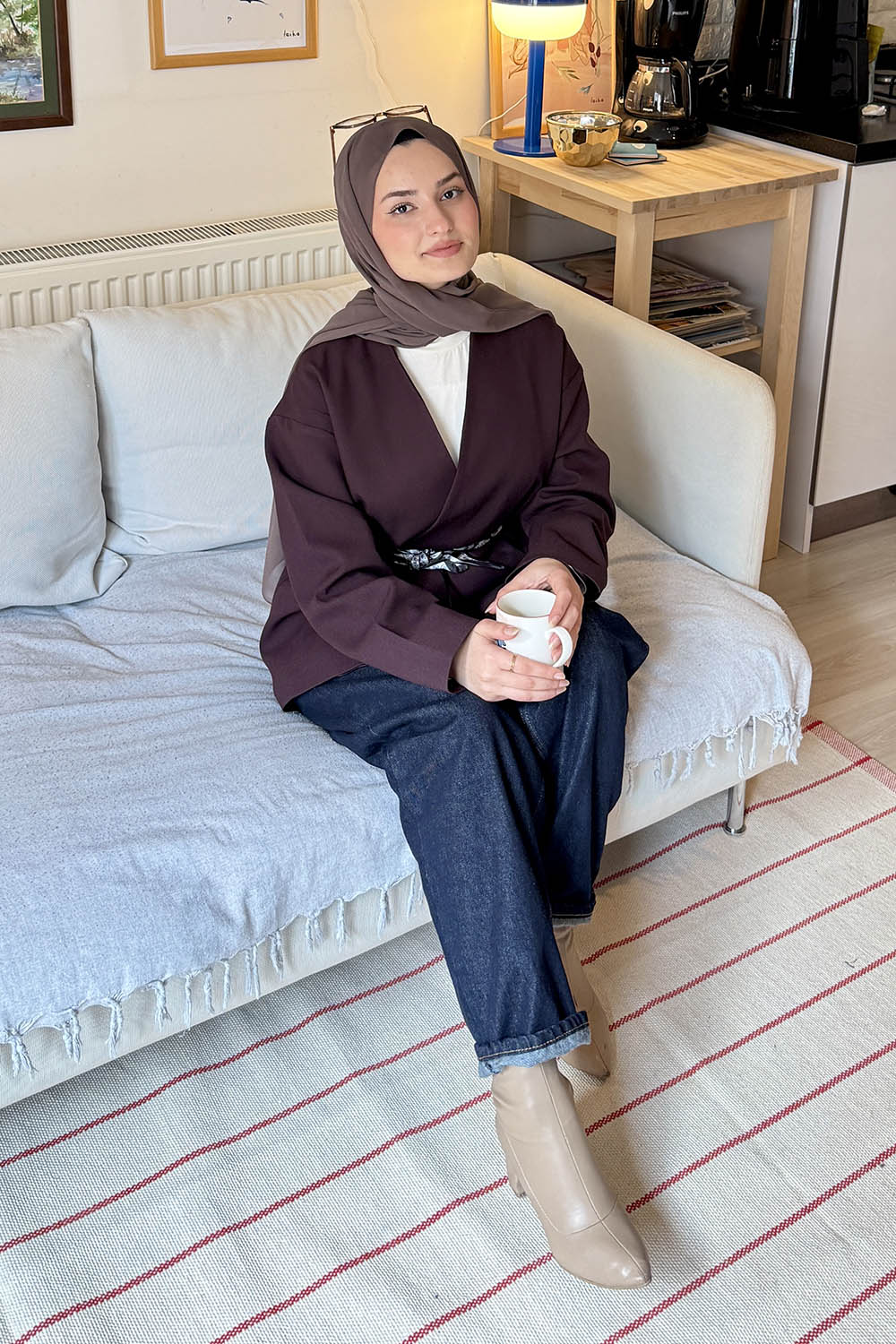 Lamelif Kemerli Tesettür Ceket Mürdüm