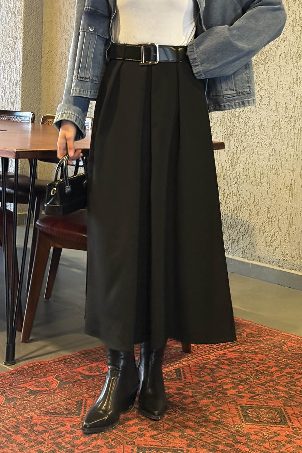 Lamelif Kemerli Tesettür Etek Siyah