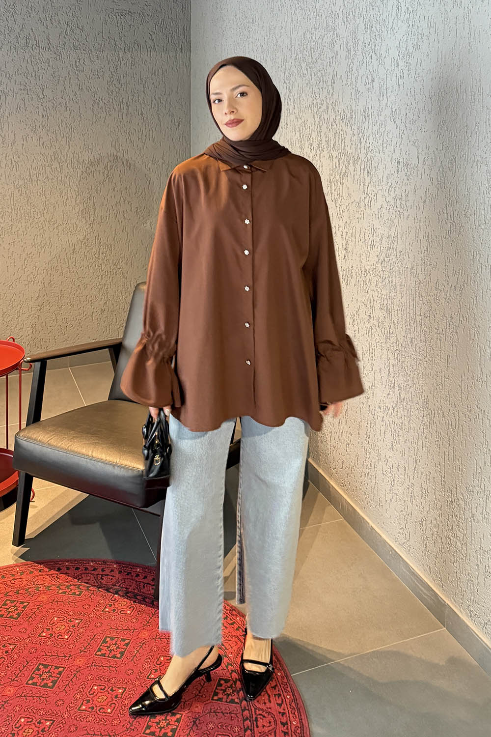 Lamelif Kol Tünel İp Detaylı Gömlek Acı Kahve