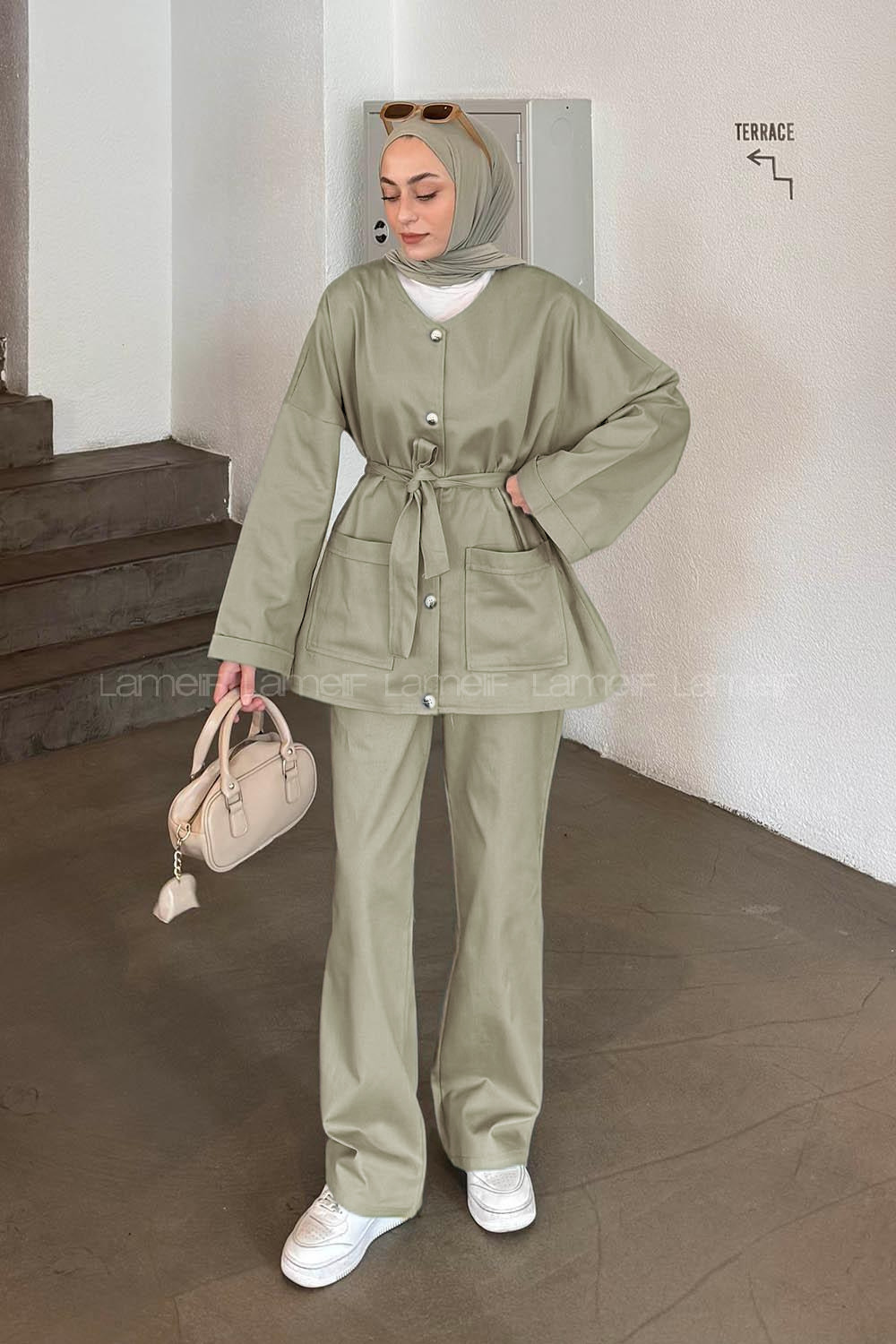 Lamelif Kuşaklı Gabardin Takım Koyu Yeşil