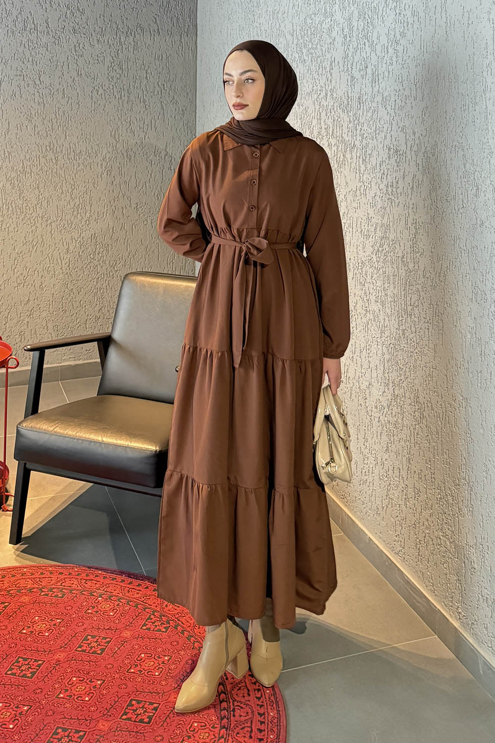 Lamelif Yarım Düğme Detaylı Terikoton Elbise Çikolata Kahve