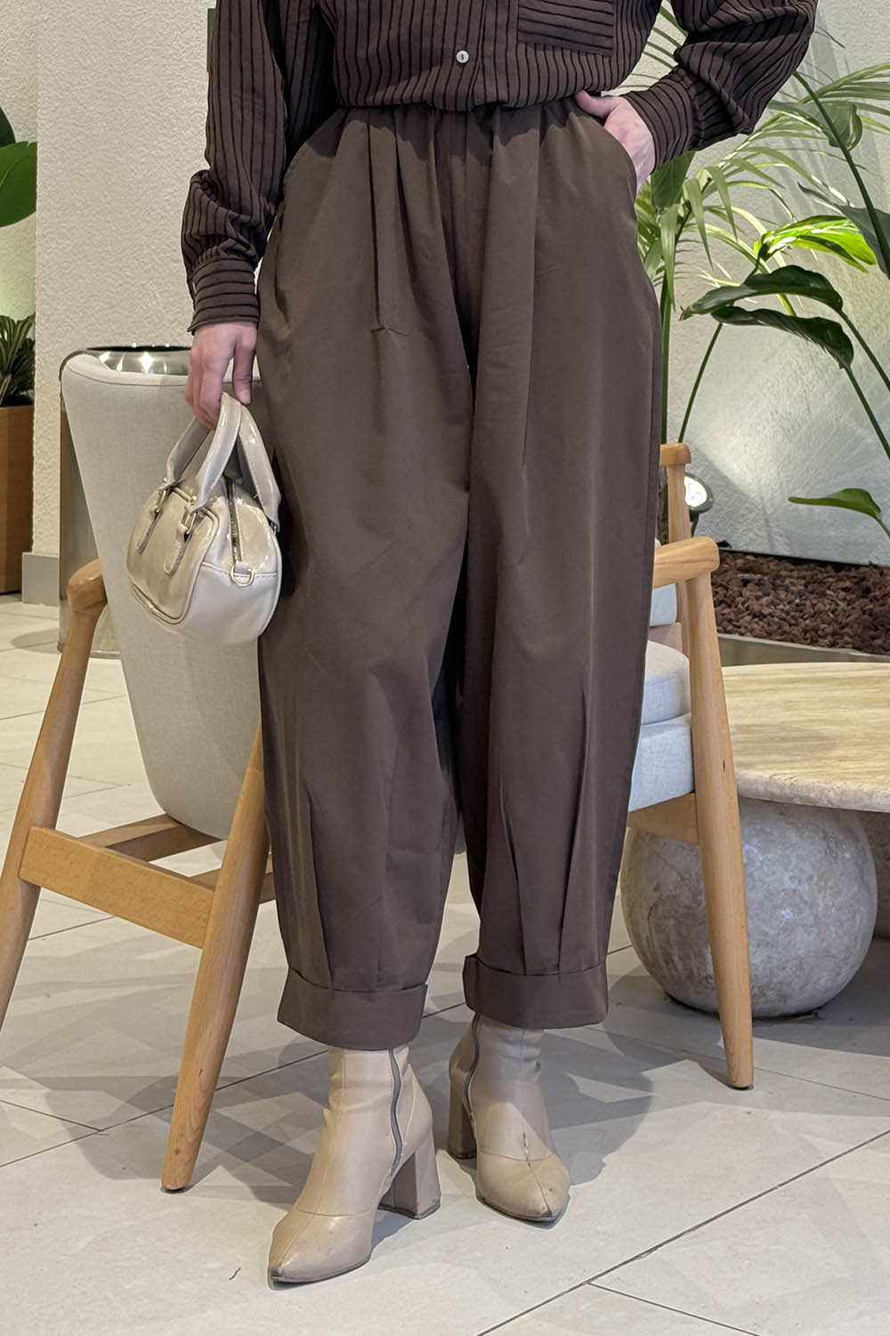 Lamelif Beli Lastikli Bağcıklı Pantolon Kahverengi