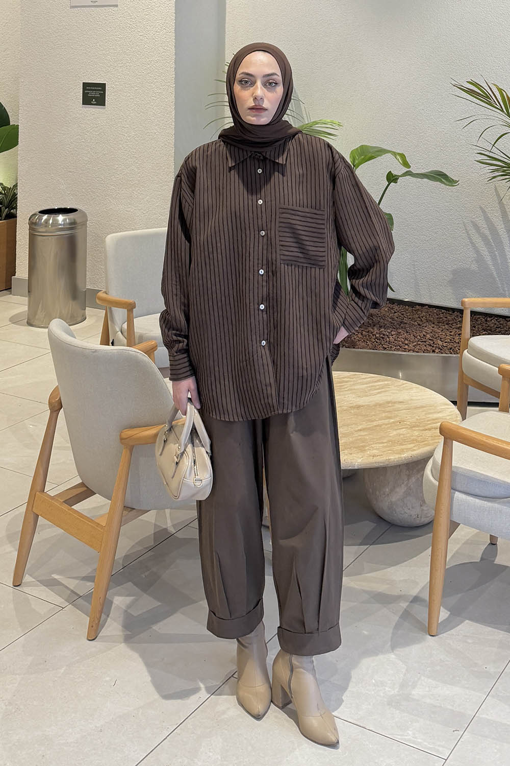 Lamelif Çizgili Modal Gömlek Acı Kahve