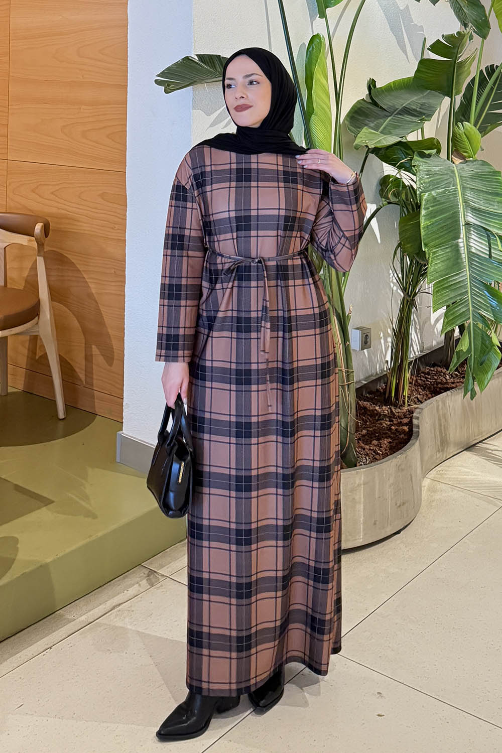 Lamelif Ekose Desen Tesettür Elbise Hardal Sarısı