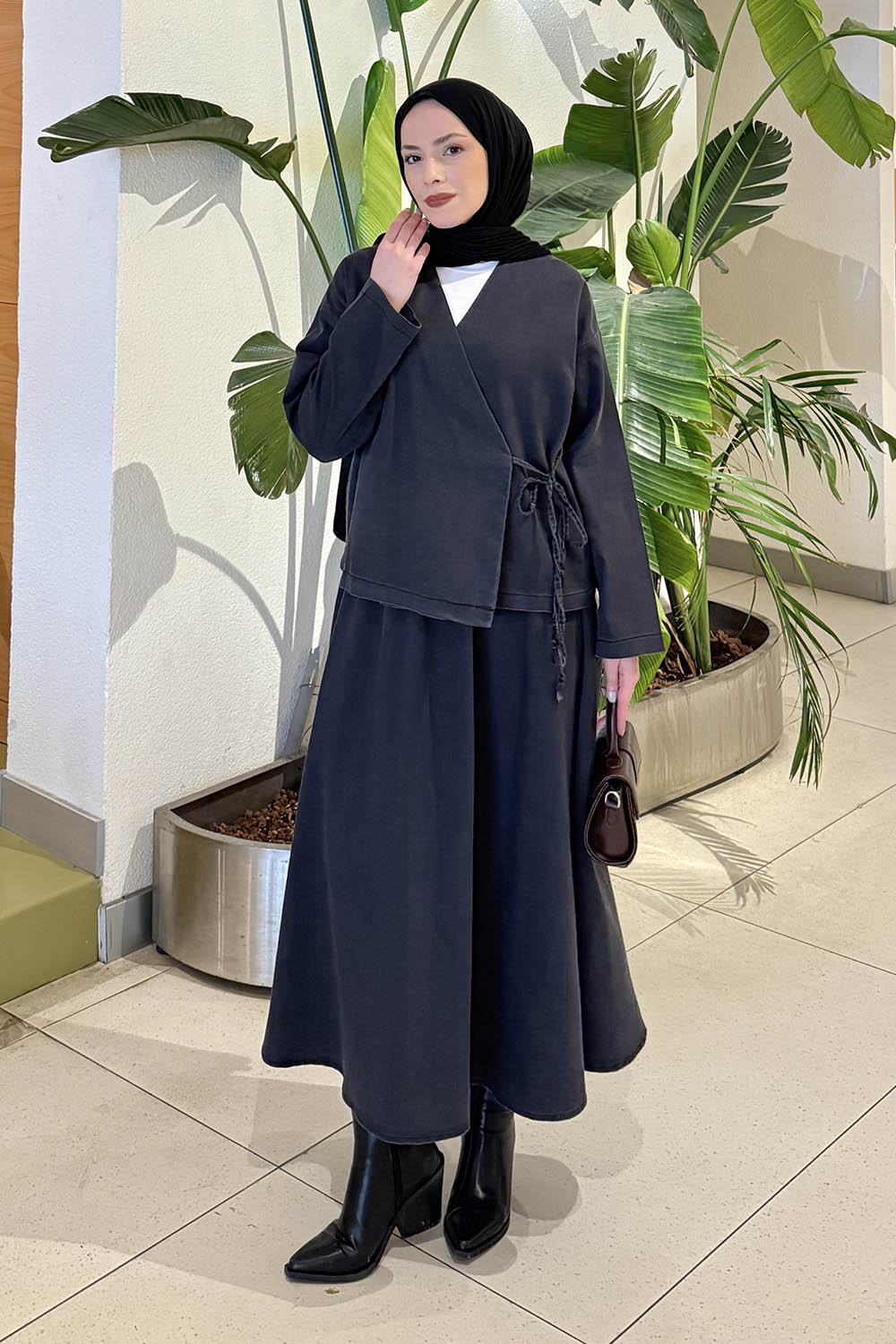 Lamelif Etekli Kimono Kot Takım Füme