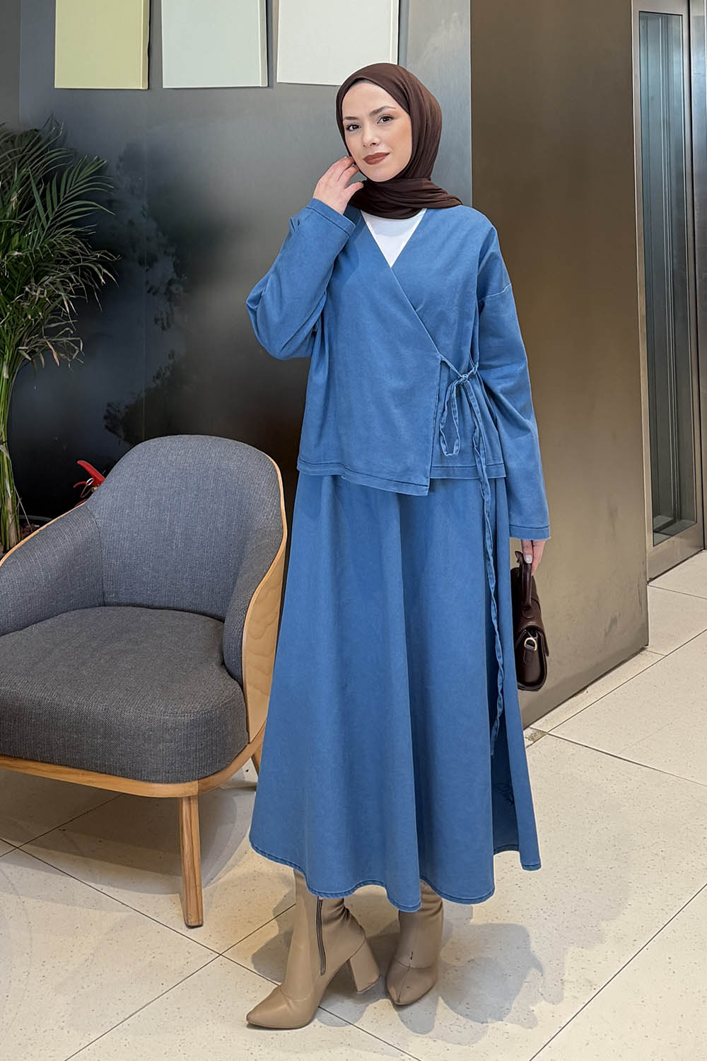 Lamelif Etekli Kimono Kot Takım Kot Mavisi