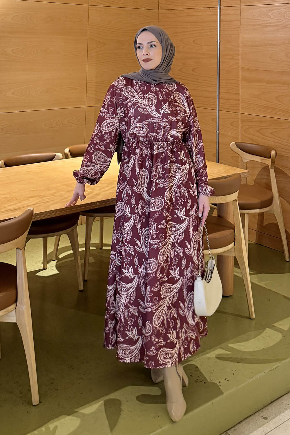 Lamelif Etnik Desen Tesettür Elbise Bordo