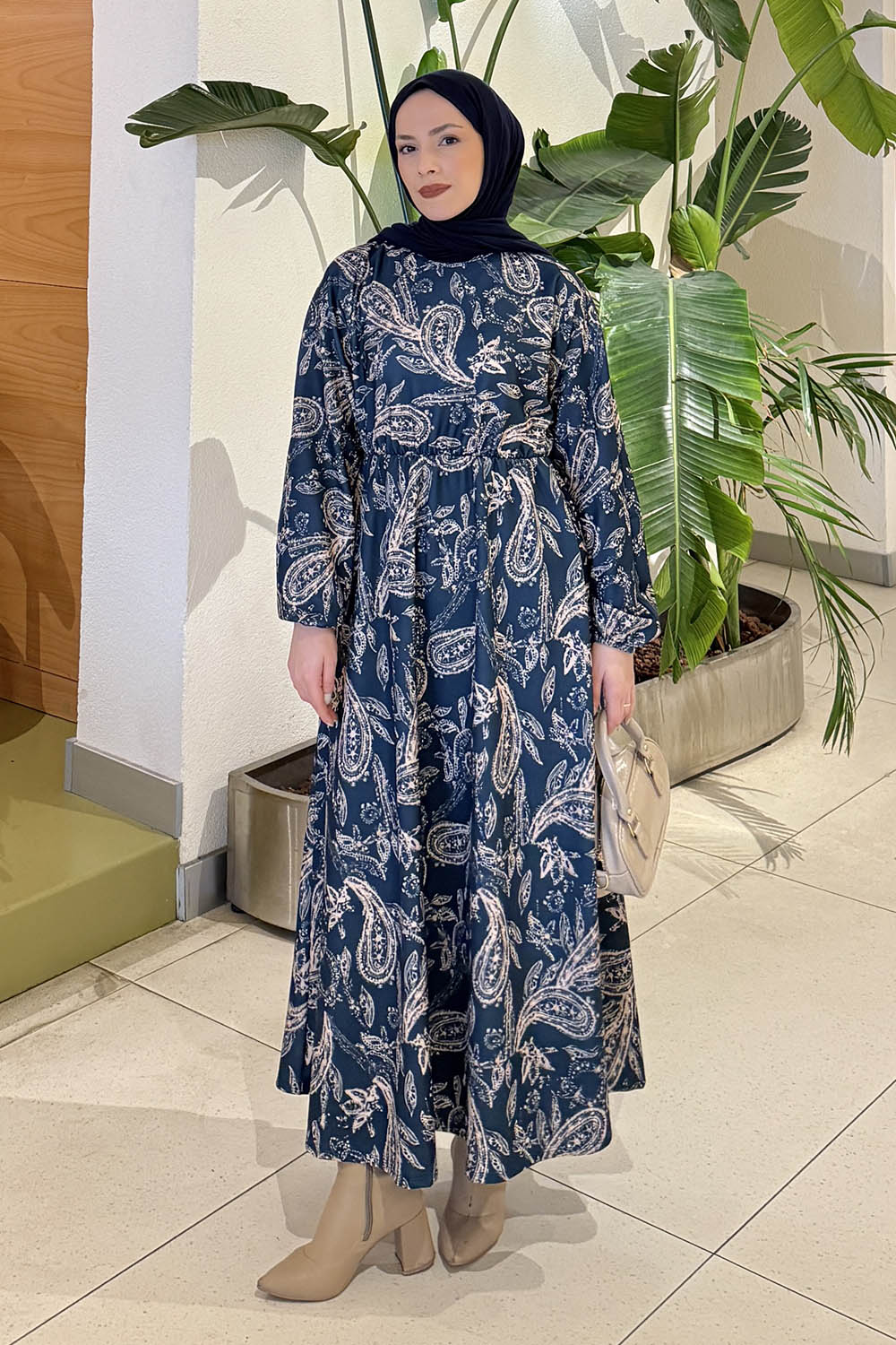 Lamelif Etnik Desen Tesettür Elbise Petrol Mavisi