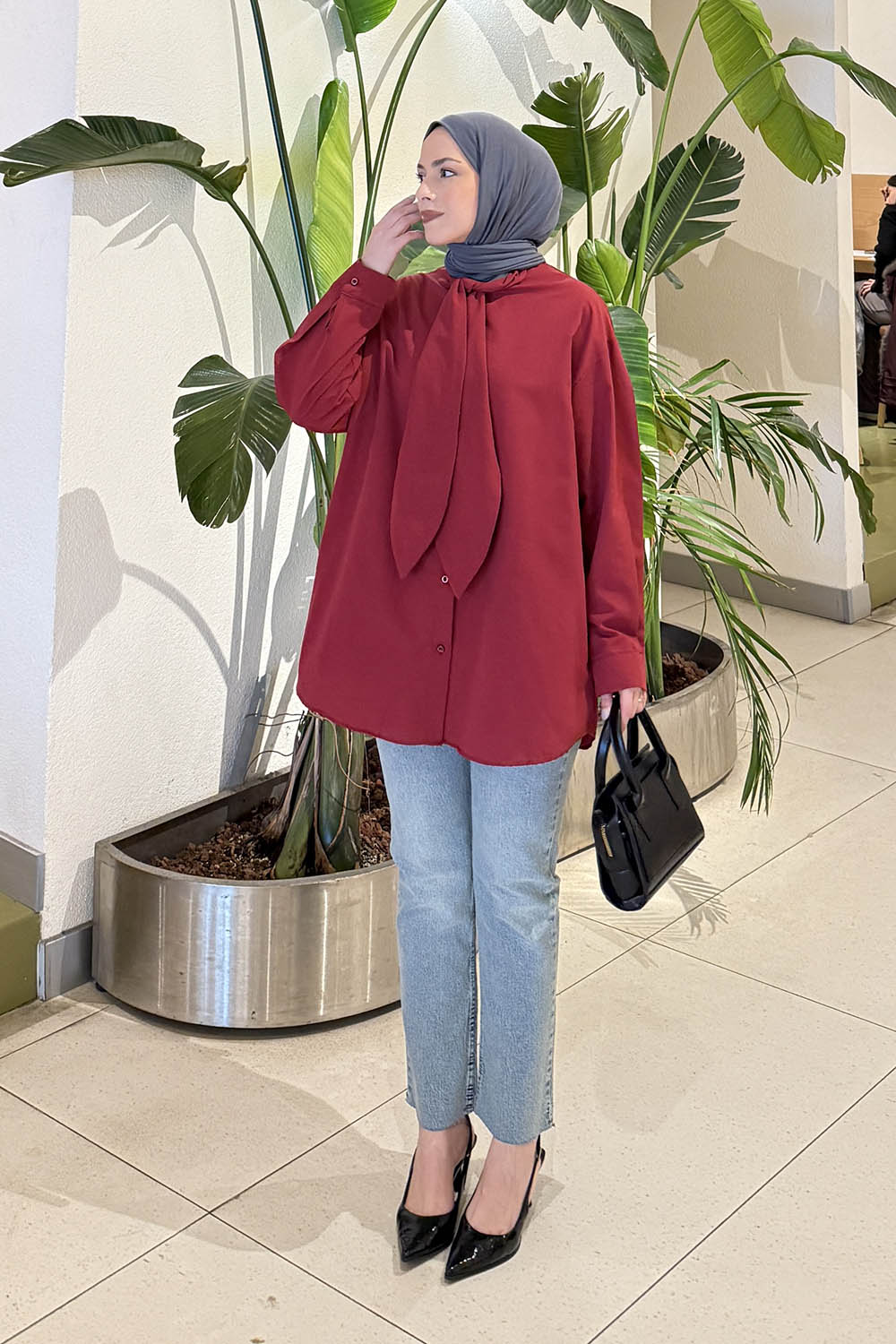 Lamelif Fular Detaylı Gömlek Bordo