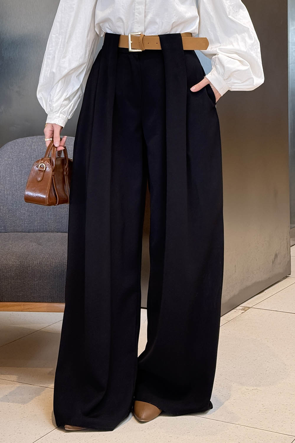 Black Polyester High Waist Material Pants