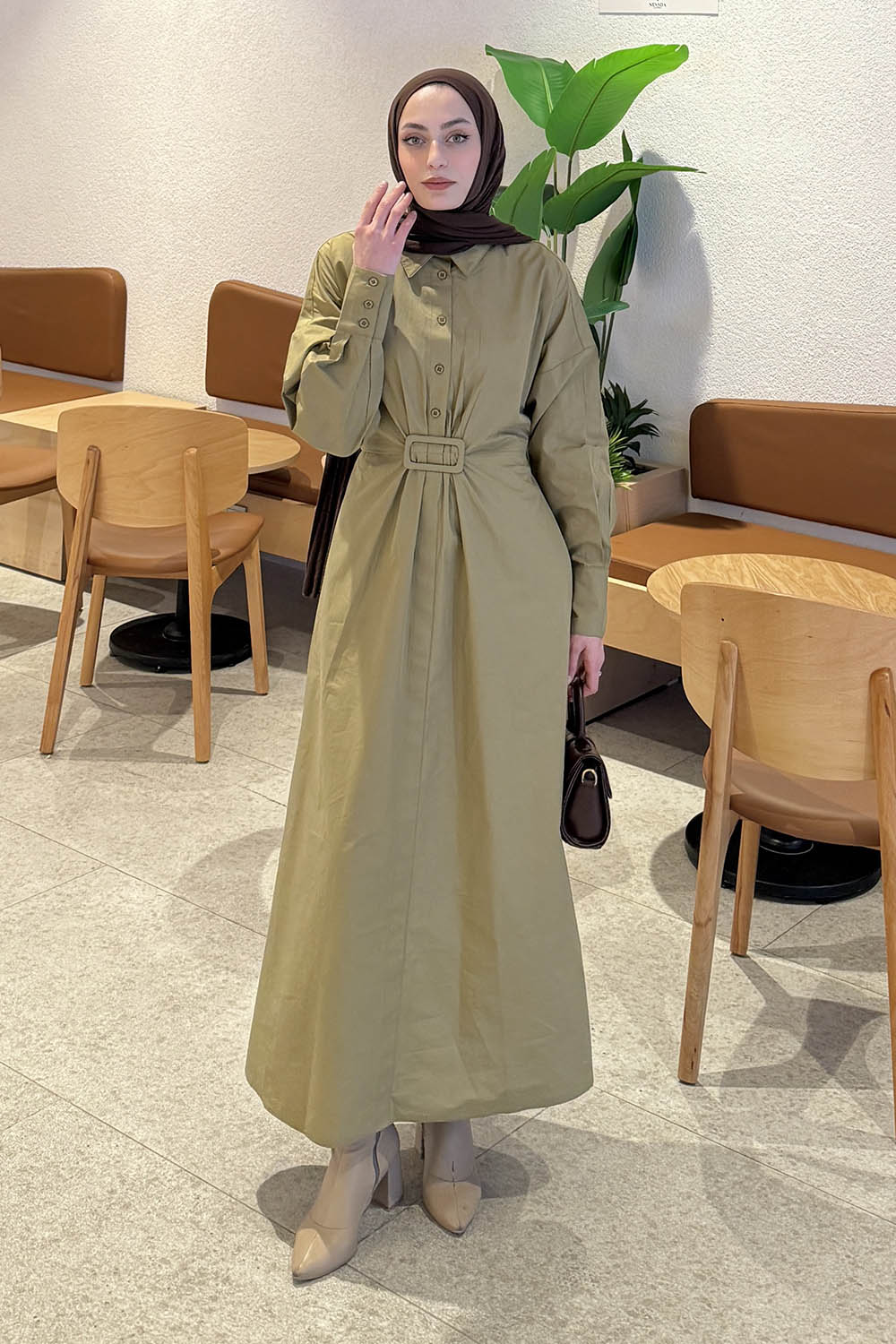 Lamelif Toka Detaylı Terikoton Elbise  Haki