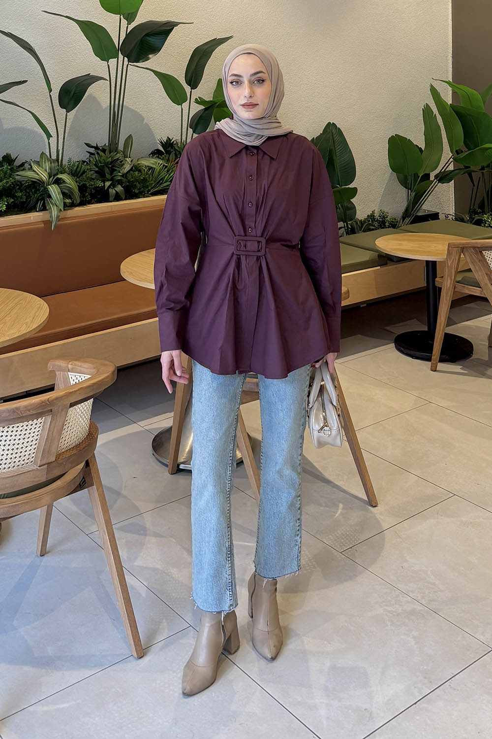 Lamelif Toka Detaylı Terikoton Gömlek Mürdüm