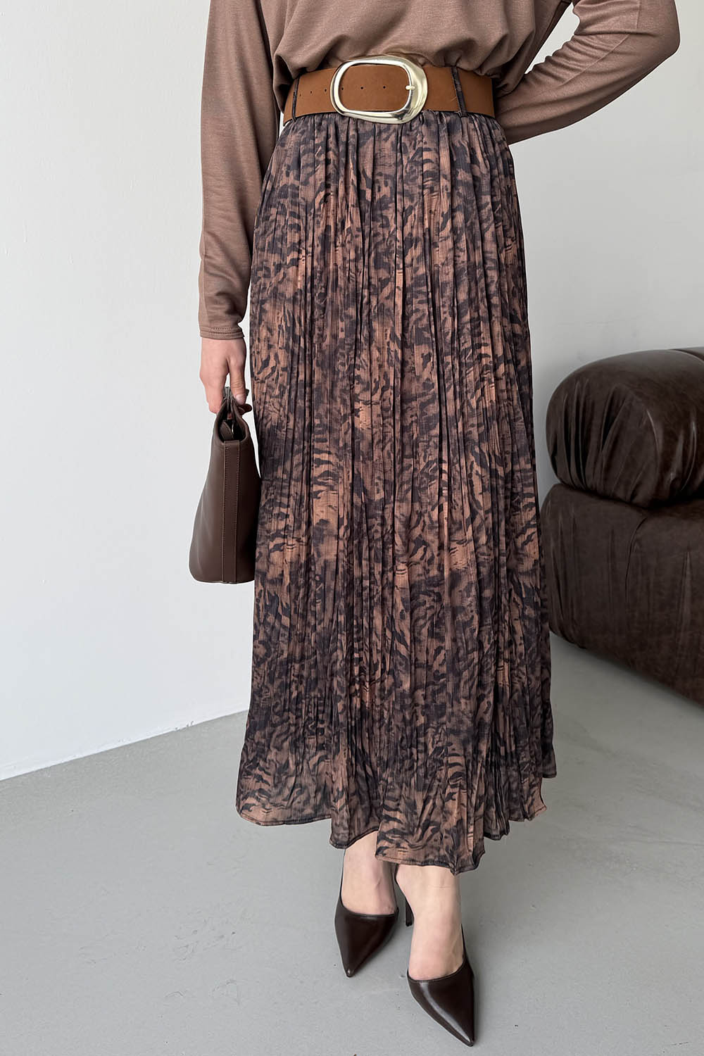 Lamelif Desenli Piliseli Etek Kahverengi