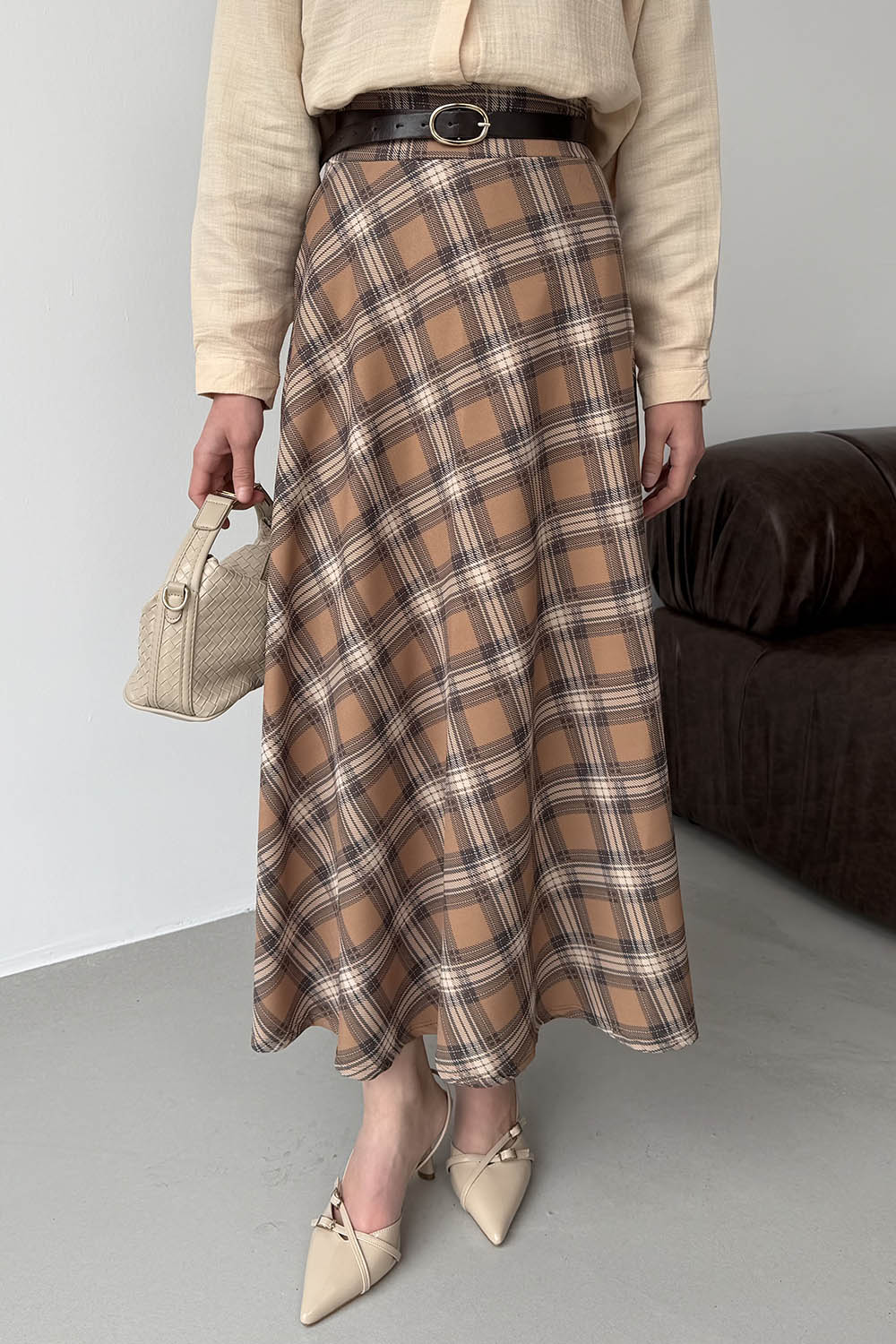 Lamelif Ekose Detay Çan Etek Hardal Sarısı