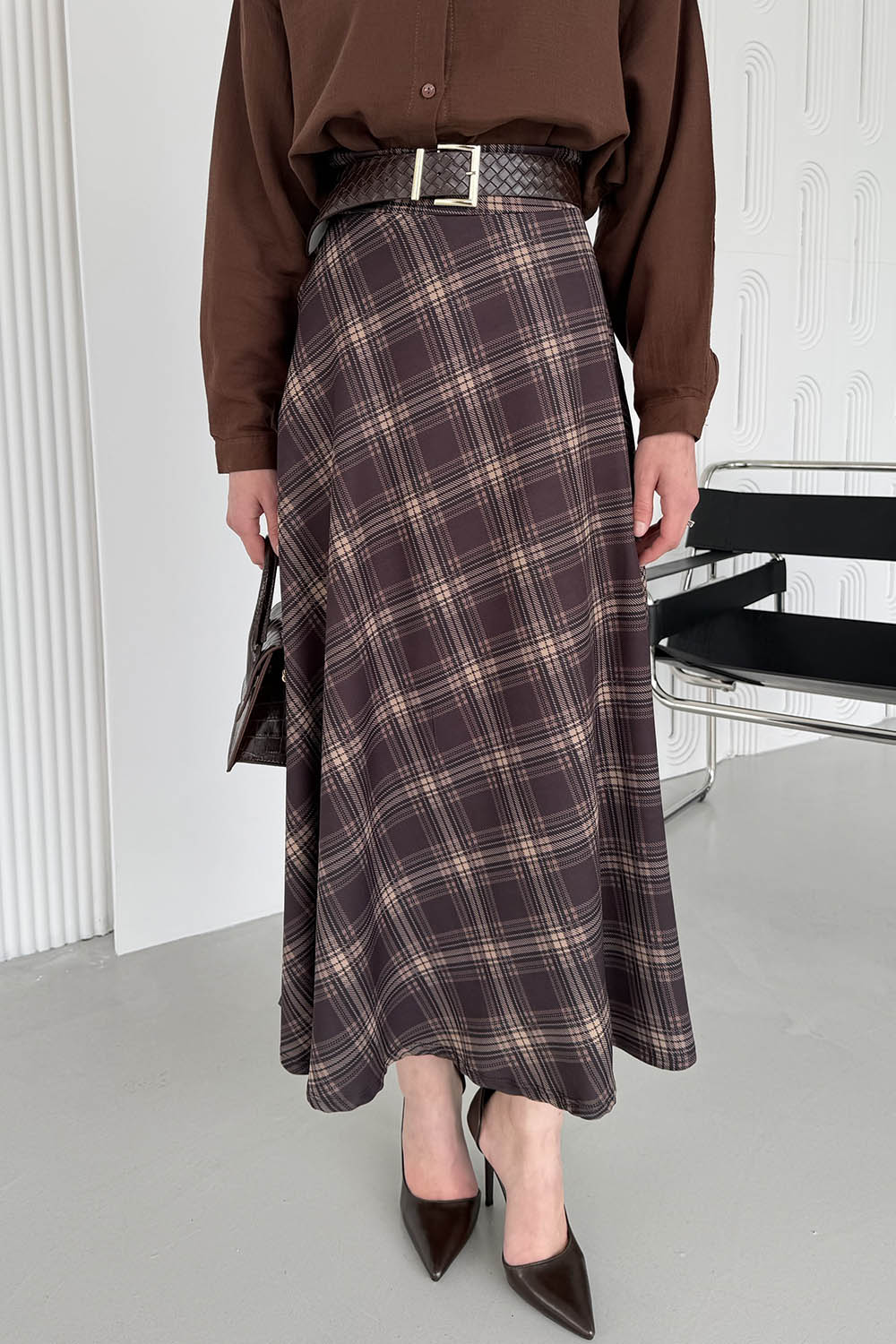 Lamelif Ekose Detay Çan Etek Kahverengi-Bej